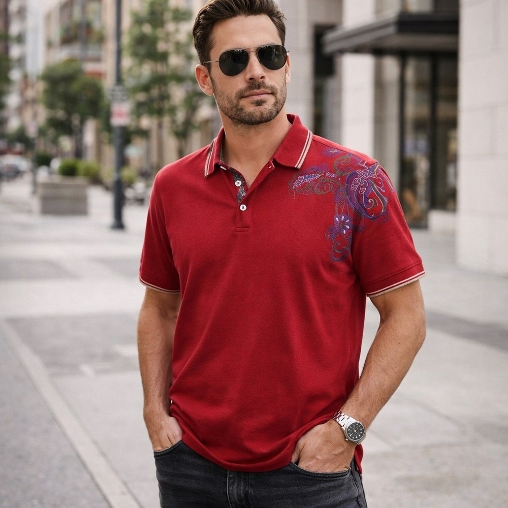 Robert Graham Polo Shirt Men's Large Designer Cotton Embroidered Paisley Art Red